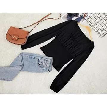 CNJFJ Women's Sexy Frill Smock Crop Top Retro Square Neck Long Sleeve Shirred Blouse Tops Black