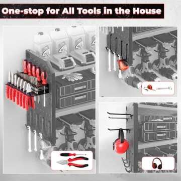 KAFAHOM Power Tool Organizer, Large 8 Drill Holder Wall Mount with 2 Side Pegboards, Heavy Duty Meta...