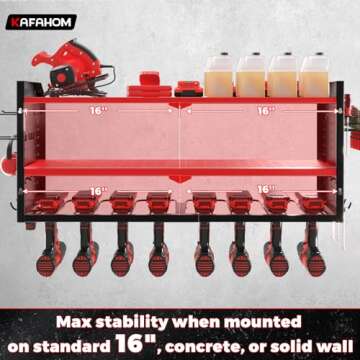 KAFAHOM Power Tool Organizer, Large 8 Drill Holder Wall Mount with 2 Side Pegboards, Heavy Duty Metal Tool Shelf with 12 Hooks, Storage Rack for Garage Organization, Utility Battery Shelves - Red