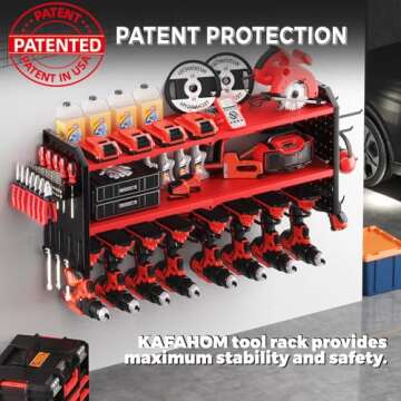 KAFAHOM Power Tool Organizer, Large 8 Drill Holder Wall Mount with 2 Side Pegboards, Heavy Duty Metal Tool Shelf with 12 Hooks, Storage Rack for Garage Organization, Utility Battery Shelves - Red