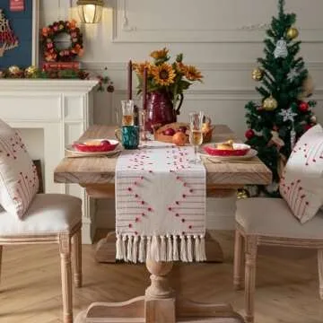 Valentines Day Table Runner Christmas Red Table Runner 13 x 72 Inch Long Natural Cotton Woven Runner with Tassels for Home Dining Christmas Decorations, for Modern Farmhouse Holiday Boho Table Runner