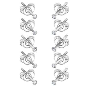 925 Sterling Silver Tiny 2mm Stud Earrings for Women: 5 Pairs Cartilage Helix Hypoallergenic Stud Earrings Clear Round CZ Stud Earrings Set for Women Multiple Piercing