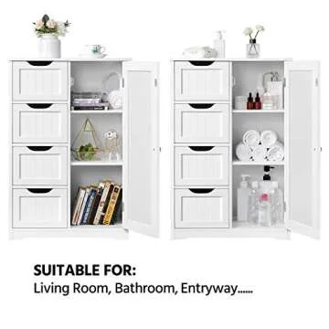 Yaheetech Wooden Floor Cabinet, Side Storage Organizer with 4 Drawers and 1 Cupboard, Freestanding Entryway Storage Unit Console Table, Bathroom Furniture Home Decor, White