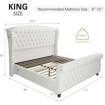 AMERLIFE King Size Chenille Upholstered Sleigh Bed - Luxury Design