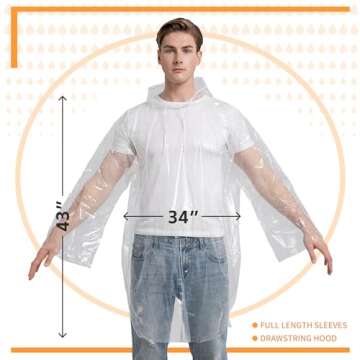 Rain Ponchos for Adults Disposable Emergency Poncho with Drawstring Hood for Men Women Clear - 5 Pack