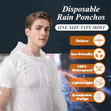 Rain Ponchos for Adults Disposable Emergency Poncho with Drawstring Hood for Men Women Clear - 5 Pack