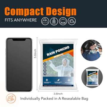 Rain Ponchos for Adults Disposable Emergency Poncho with Drawstring Hood for Men Women Clear - 5 Pack