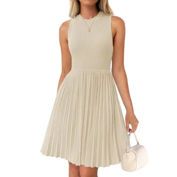 ZESICA Women's Summer Sleeveless Mini Dress 2024 Crewneck Knit A Line Pleated Swing Casual Basic Sho...