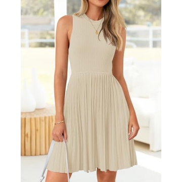 ZESICA Women's Summer Sleeveless Mini Dress 2024 Crewneck Knit A Line Pleated Swing Casual Basic Short Dress,Almond,Small