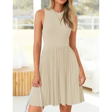 ZESICA Women's Summer Sleeveless Mini Dress 2024 Crewneck Knit A Line Pleated Swing Casual Basic Short Dress,Almond,Small