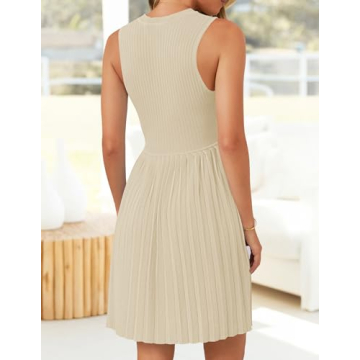 ZESICA Women's Summer Sleeveless Mini Dress 2024 Crewneck Knit A Line Pleated Swing Casual Basic Short Dress,Almond,Small