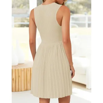 ZESICA Women's Summer Sleeveless Mini Dress 2024 Crewneck Knit A Line Pleated Swing Casual Basic Short Dress,Almond,Small