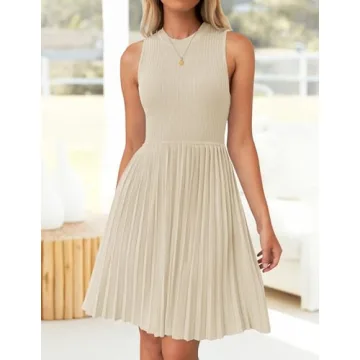 ZESICA Women's Summer Sleeveless Mini Dress 2024 Crewneck Knit A Line Pleated Swing Casual Basic Short Dress,Almond,Small
