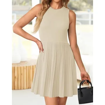 ZESICA Women's Summer Sleeveless Mini Dress 2024 Crewneck Knit A Line Pleated Swing Casual Basic Short Dress,Almond,Small