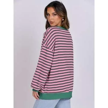 ANRABESS Women Striped Oversized Sweatshirt Long Sleeve Crewneck Shirts 2025 Fall Fashion Pullover Sweater Trendy Clothes Grey Pink X-Large