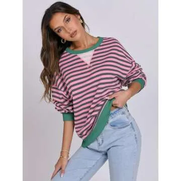 ANRABESS Women Striped Oversized Sweatshirt Long Sleeve Crewneck Shirts 2025 Fall Fashion Pullover Sweater Trendy Clothes Grey Pink X-Large