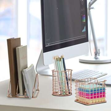 Sorbus Desk Organizer Set, Rose Gold 5-Piece Desk Accessories Set Includes Pencil Cup Holder, Letter Sorter, Letter Tray, Hanging File Organizer, and Sticky Note holder for Home or Office (Copper)