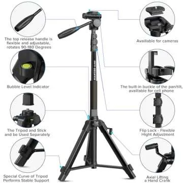Camera Tripod 69 Inch, Patented 3-Way Swivel Portable Phone Tripod Professional Aluminum Alloy Travel Phone Camera Stand Monopod for Canon Nikon GoPro DSLR, DV Video Camcorder, Smartphone Black