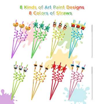 24 Art Party Favors Straws, Paint Party Favors for Kids, Art Party Decorations for Sip And Paint Party Supplies, Paint Party Decorations for Art Themed Birthday Party Supplies With 2 Cleaning Brushes