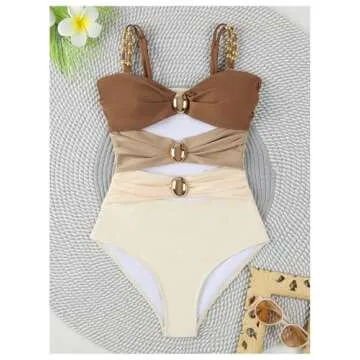 Verdusa Women's Cut Out Colorblock One Piece Swimsuit Ruched Swimwear Bathing Suit Brown Beige Small