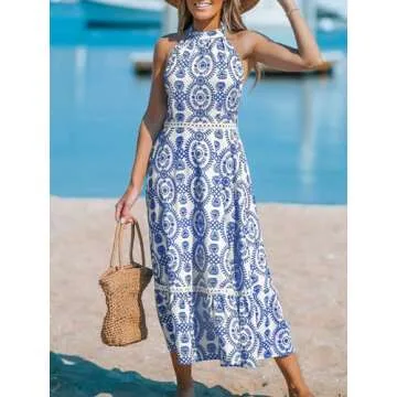 CUPSHE Women's Blue Paisley Halterneck Summer Midi Dress