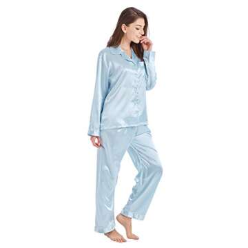 TONY & CANDICE Women's Classic Satin Pajama Set Sleepwear Loungewear (Small, Light Blue)