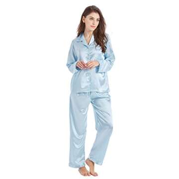 TONY & CANDICE Women's Classic Satin Pajama Set Sleepwear Loungewear (Small, Light Blue)