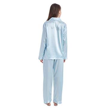 TONY & CANDICE Women's Classic Satin Pajama Set Sleepwear Loungewear (Small, Light Blue)