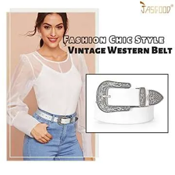 JASGOOD Women Leather Belts Ladies Vintage Western Design Black Waist Belt for Pants Jeans Dresses（Fit Size 33-37 Inches,C-White）