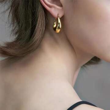BG&WLing Chunky Gold Hoop Earrings for Women, 18k Gold Plated Stainless Steel Thick Hoop Earrings, G...