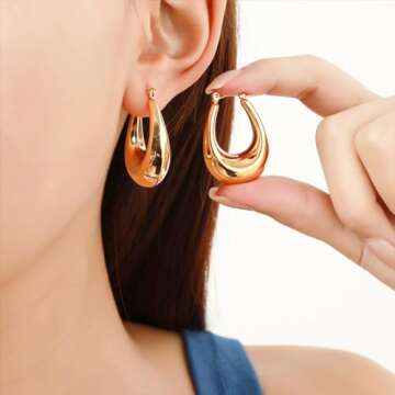 BG&WLing Chunky Gold Hoop Earrings for Women, 18k Gold Plated Stainless Steel Thick Hoop Earrings, Gold Drop Earrings Trendy Jewelry Gifts for Her (Yellow Gold)