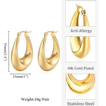 BG&WLing Chunky Gold Hoop Earrings for Women, 18k Gold Plated Stainless Steel Thick Hoop Earrings, Gold Drop Earrings Trendy Jewelry Gifts for Her (Yellow Gold)