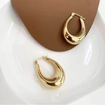 BG&WLing Chunky Gold Hoop Earrings for Women, 18k Gold Plated Stainless Steel Thick Hoop Earrings, Gold Drop Earrings Trendy Jewelry Gifts for Her (Yellow Gold)
