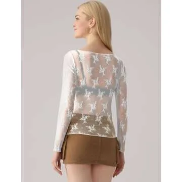 KTILG Mesh Boat Neck Top Long Sleeve Women Sexy See Through Tops Sheer Lace Blouse Shirts Night Out Top Clothes White M