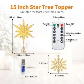 Christmas Tree Star Topper, 3D Tree Toppers Christmas Decorations with LED Lights 8 Lighting Modes Dimmable Timer USB Powered for Xmas Home Holiday Party Indoor Outdoor Ornaments Decor -15Inch Gold