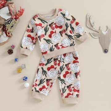 Kayotuas Toddler Baby Christmas Outfit Boy Girl Western Cowboy Long Sleeve Shirts and Pants Set Cute Xmas Fall Winter Clothes (Christmas Cowboy Beige, 6-12 Months)