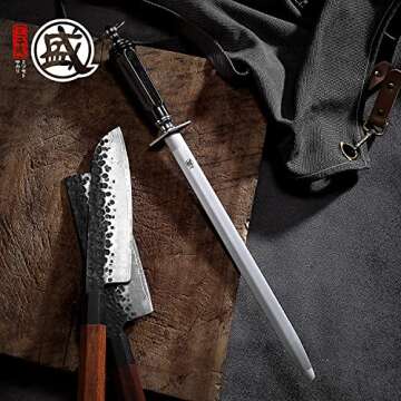 MITSUMOTO SAKARI 10 inch Knife Sharpening Steel Honing Rod, Japanese High Carbon Flat Honing Steel, Professional Kitchen Steel Knife Sharpener (ABS Handle & Powerful Magnet)