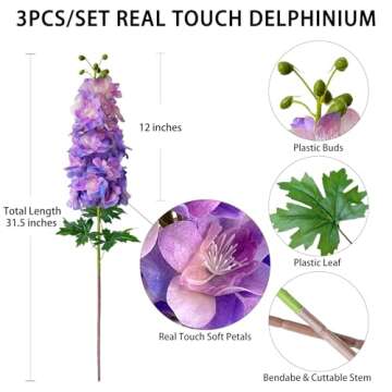 SUMTIPHUN 3 Pcs Purple Large Delphinium Artificial Flowers 31.5 inches Real Touch Latex Larkspur Gift for Mom Modern Home Decor Living Room Kitchen Wedding Party Table Centerpiece