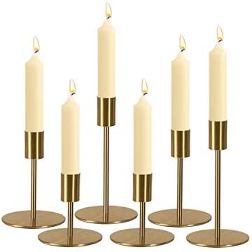 Brass Taper Candle Holders - Set of 6 Antique Brass Finish Candlestick Holder, Modern Rustic Metal Candlestick Holder for Wedding, Dining Table, Party Centerpiece