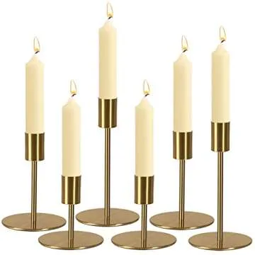 Brass Taper Candle Holders - Set of 6 Antique Brass Finish Candlestick Holder, Modern Rustic Metal Candlestick Holder for Wedding, Dining Table, Party Centerpiece