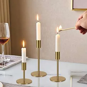 Brass Taper Candle Holders - Set of 6 Antique Brass Finish Candlestick Holder, Modern Rustic Metal Candlestick Holder for Wedding, Dining Table, Party Centerpiece