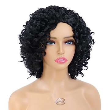 GNIMEGIL Black Women Wigs Afro Curly Short Hair with Side Bangs African American Wigs Lady Synthetic Wig Short Hairstyles Outfits Cosplay Party Halloween Costume