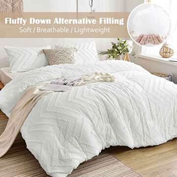 Nanko King Comforter Set White Tufted Jacquard Boho Soft Shabby Chic Reversible Down Alternative Mic...