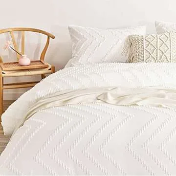Nanko King Comforter Set White Tufted Jacquard Boho Soft Shabby Chic Reversible Down Alternative Microfiber Bedding - All Season Duvet and 2 Pillowcases Farmhouse Bed Sets Women Men 104 x 90 Size 3pc