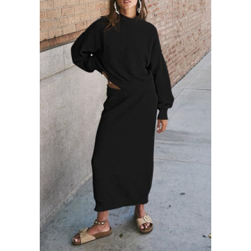Pink Queen 2 Piece Skirt Outfits for Women Casual Knit Sweater Sets Oversized Top Fall Dresses Lounge Set Black XL