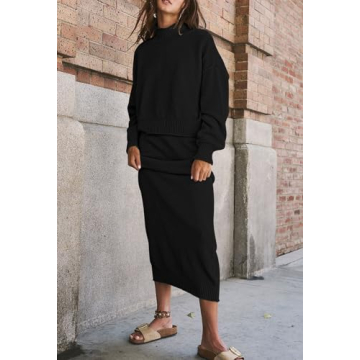 Pink Queen 2 Piece Skirt Outfits for Women Casual Knit Sweater Sets Oversized Top Fall Dresses Lounge Set Black XL