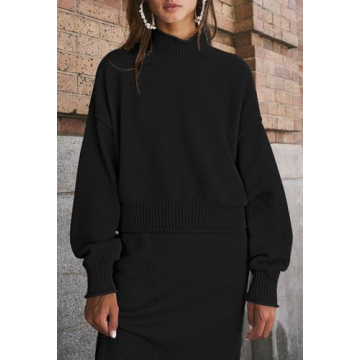 Pink Queen 2 Piece Skirt Outfits for Women Casual Knit Sweater Sets Oversized Top Fall Dresses Lounge Set Black XL