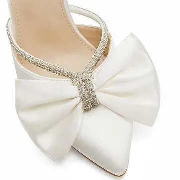 Coutgo Womens Bow Heels Mules Pointed Closed Toe Sandals Rhinestone Satin Backless Wedding Shoes, Beige, Size 7.5