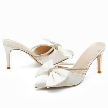 Coutgo Womens Bow Heels Mules Pointed Closed Toe Sandals Rhinestone Satin Backless Wedding Shoes, Beige, Size 7.5