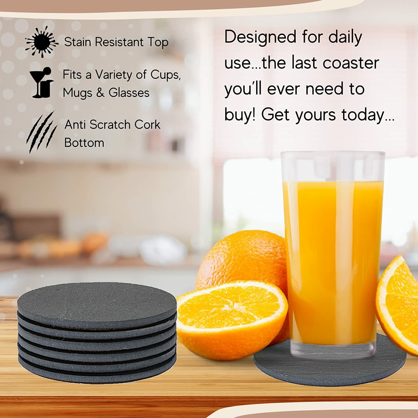 Sona Home 6PC Slate Coasters - Modern Drink Protection